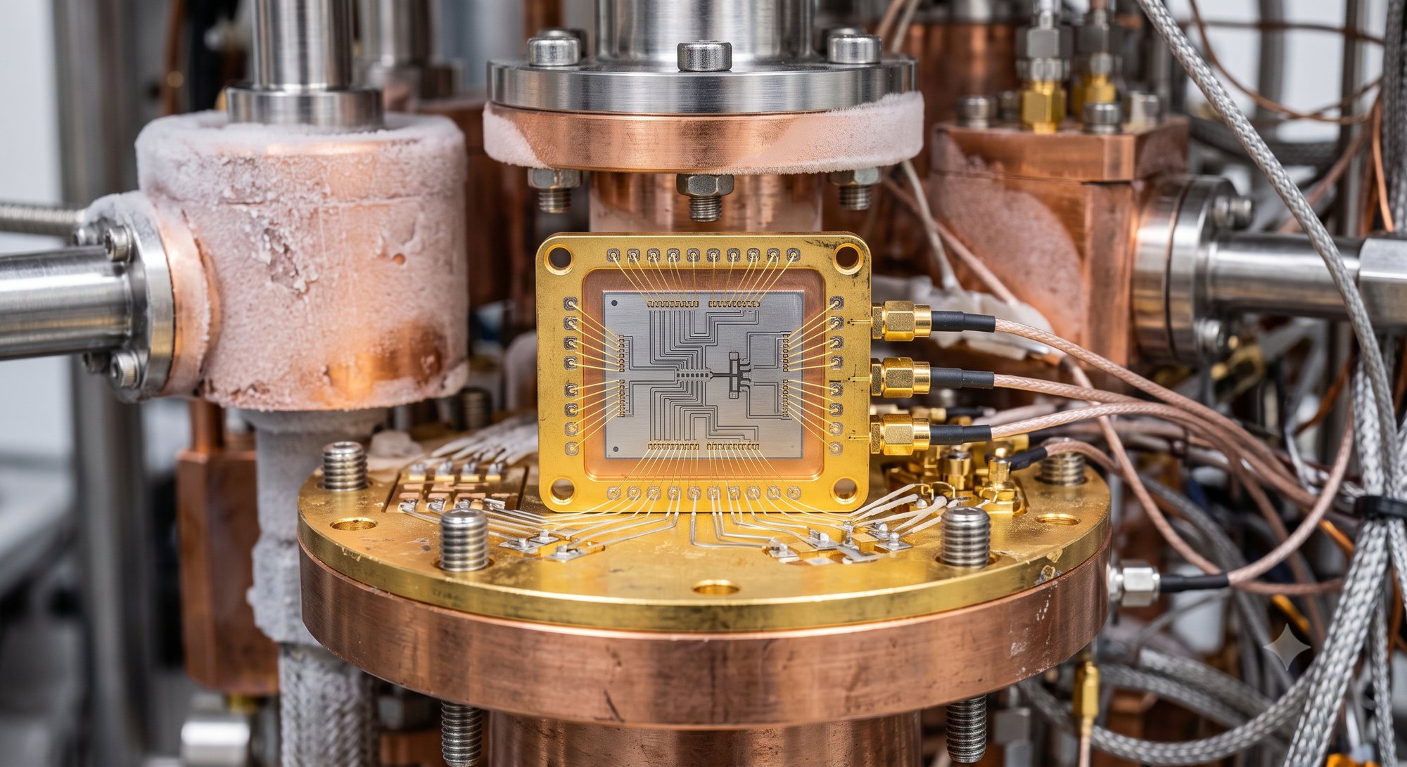 A superconducting quantum processor chip, mounted in a gold-plated chip carrier with wire bonds and coaxial connectors, sitting on the cryostat stage of a dilution refrigerator with visible frost on the copper surfaces.